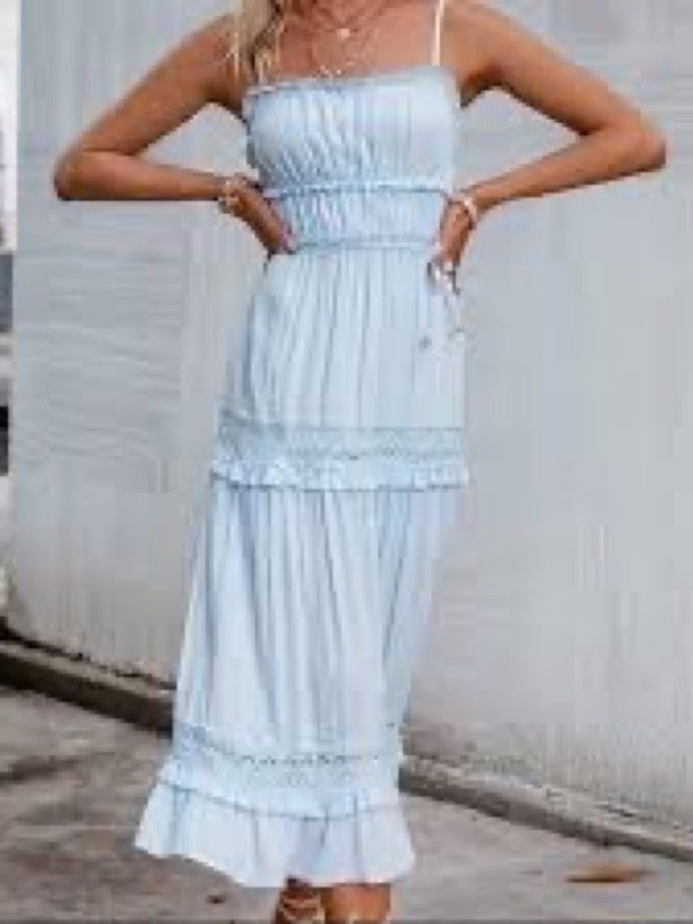 Simplee Blue Lace Tiered Boho Maxi Dress Spaghetti Strap Size Small